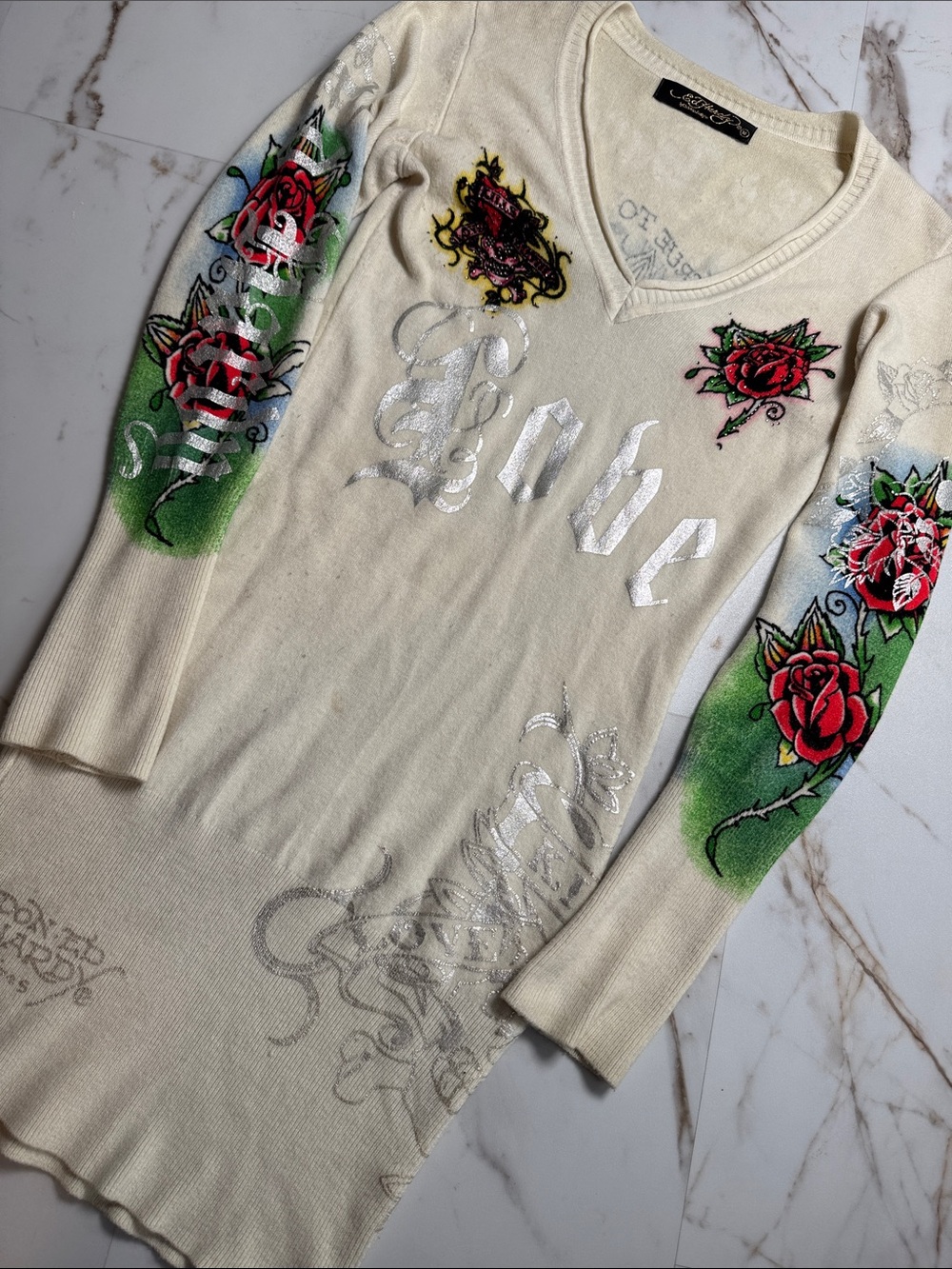Y2K Ed Hardy Graphic Print Cream Sweater Dress Sz M Trendy 90s Rose Logo